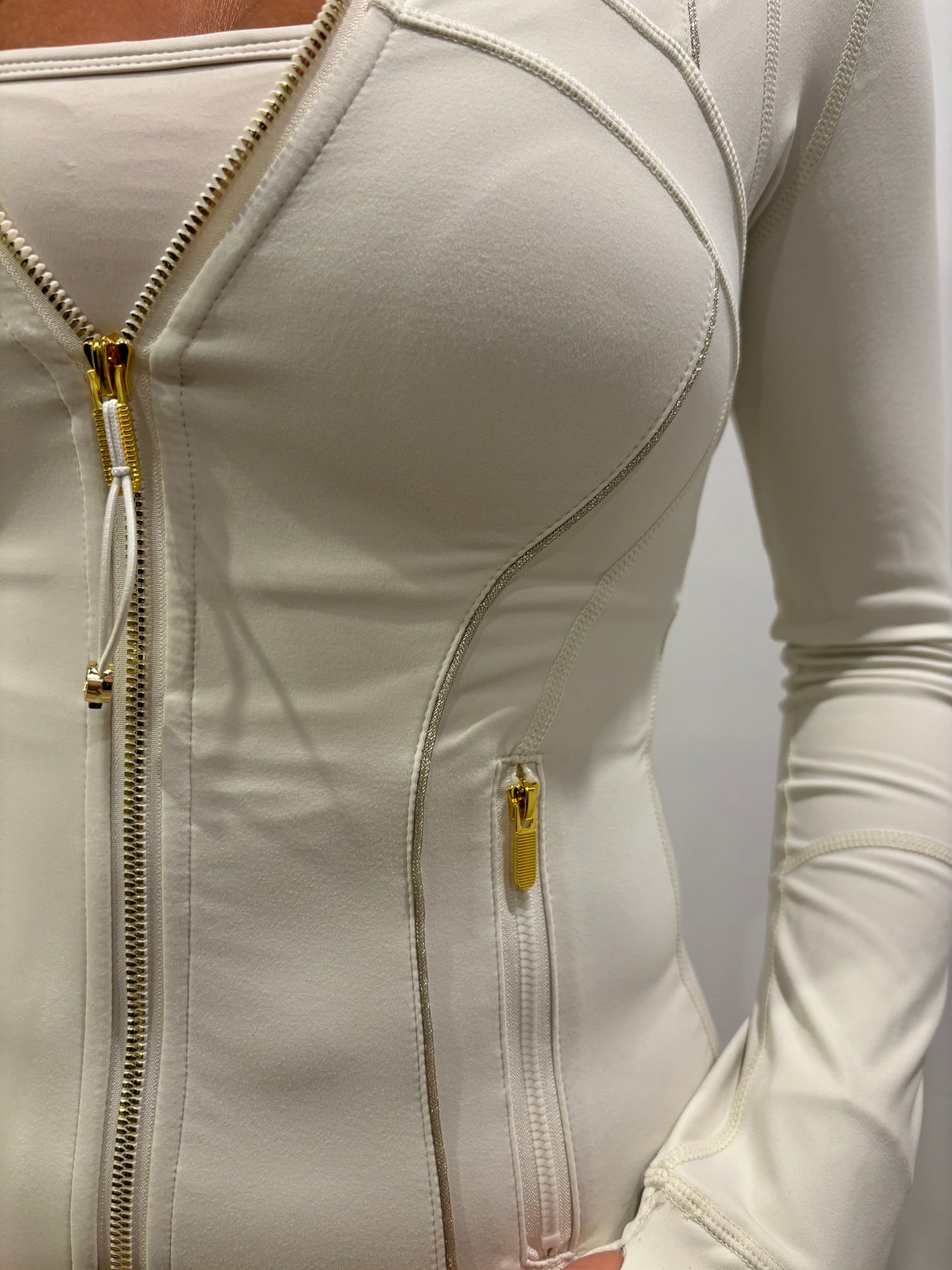 White zip with gold zip & stitching✨