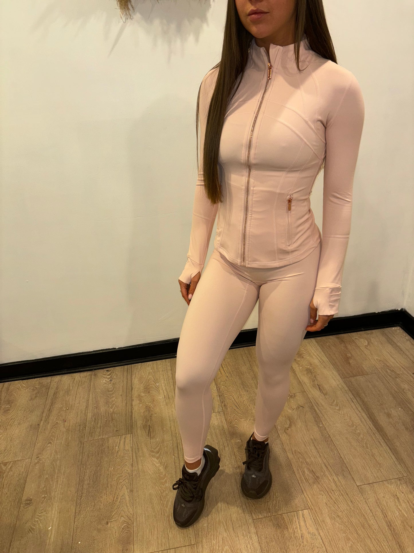 Baby pink with rose gold lulu zip and matching leggings