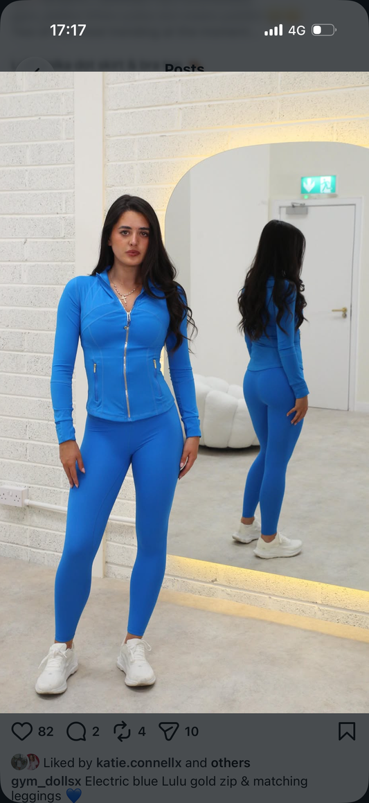 Electric blue (gold zip & logo) Lulu zip up & leggings