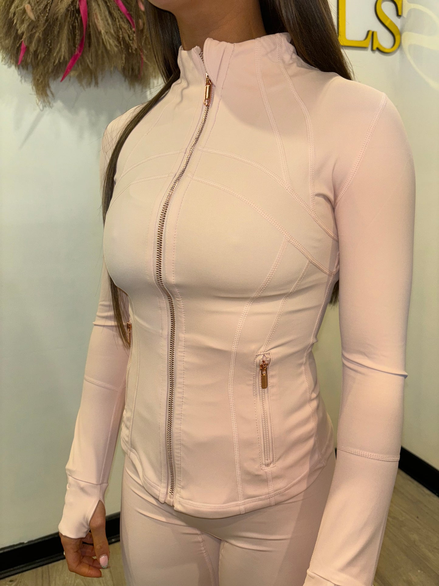 Baby pink with rose gold lulu zip and matching leggings